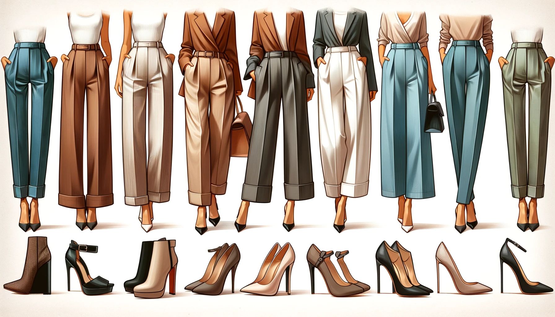  a variety of heels with wide leg pants