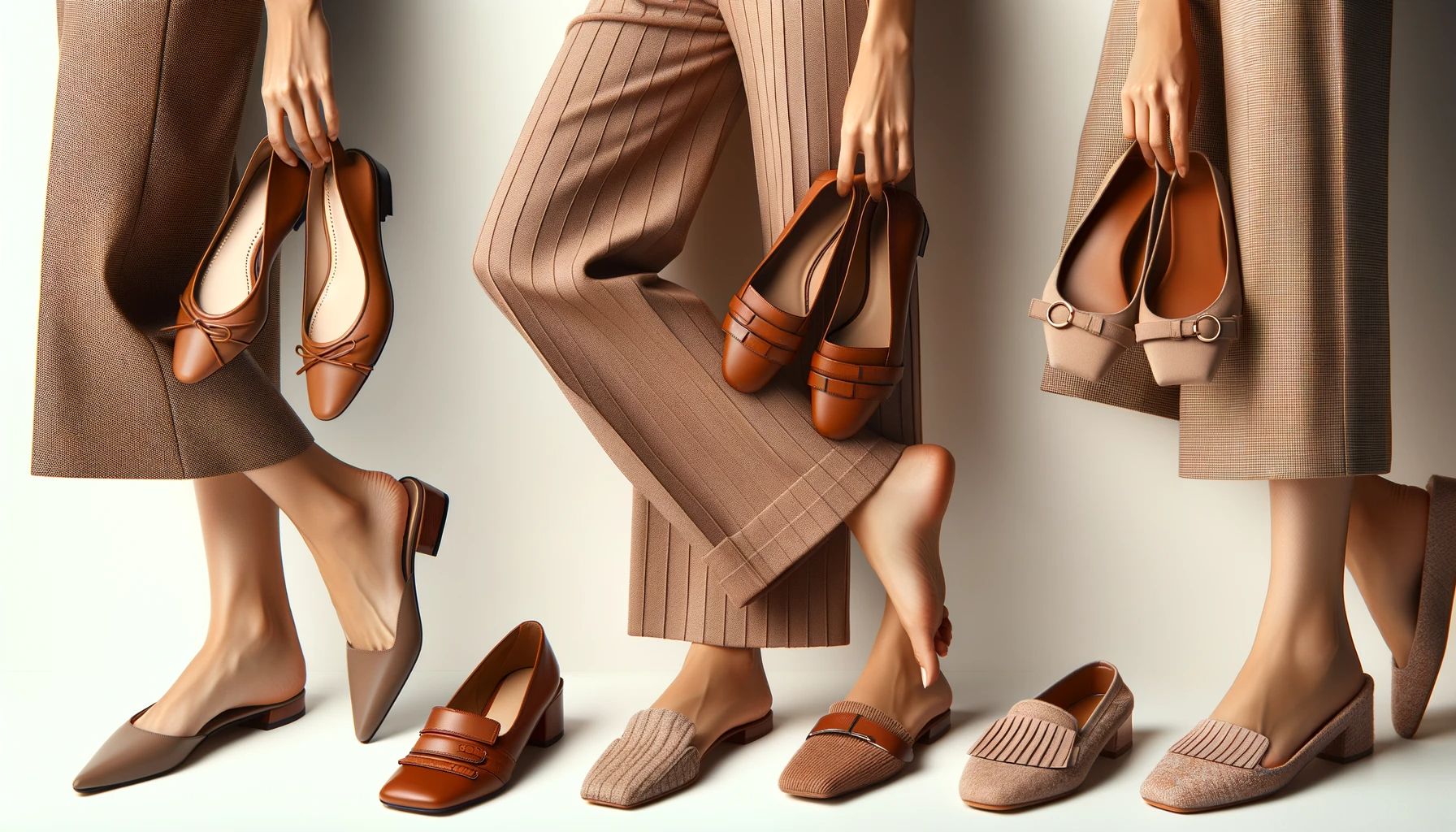 flats like ballet flats, loafers, and mules, each matched with wide leg pants,